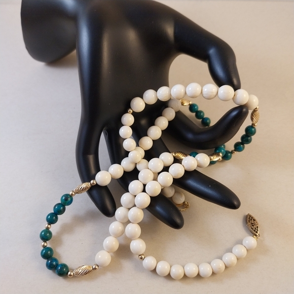 Elegant Cream and Teal Beaded Necklace Sterling Silver - Picture 7 of 14